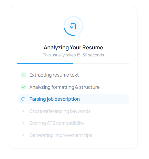 JobPylot analyzing a resume for ATS keywords — extracting text, parsing job description, scoring ATS fit